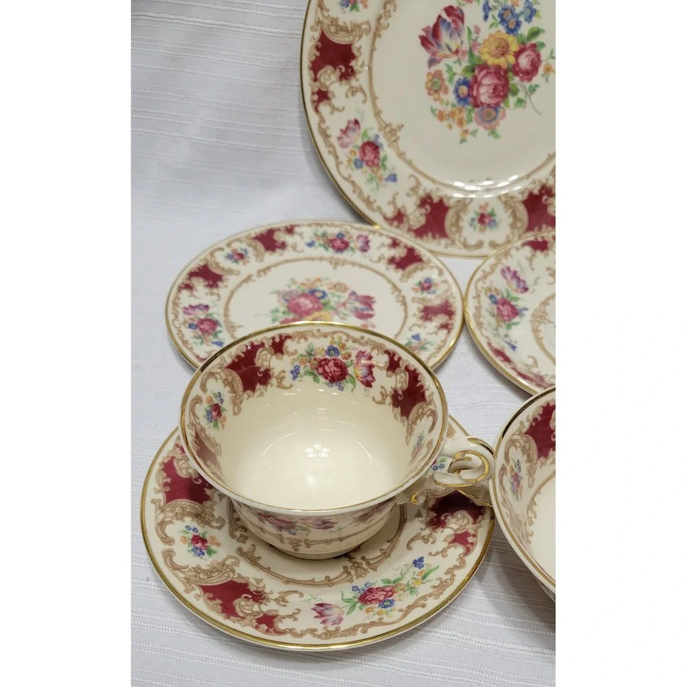 Syracuse China Old Ivory Romance Maroon Floral Dinnerware Set 6pc Gold Rim